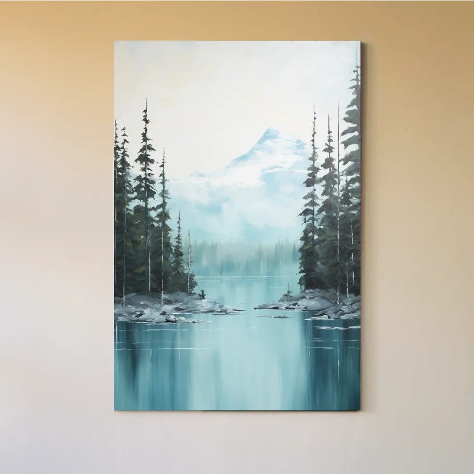 Serene painting of a turquoise Canadian alpine lake