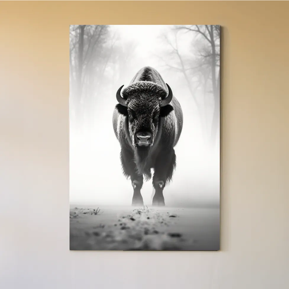 Black and white photo of a bison walking on snow
