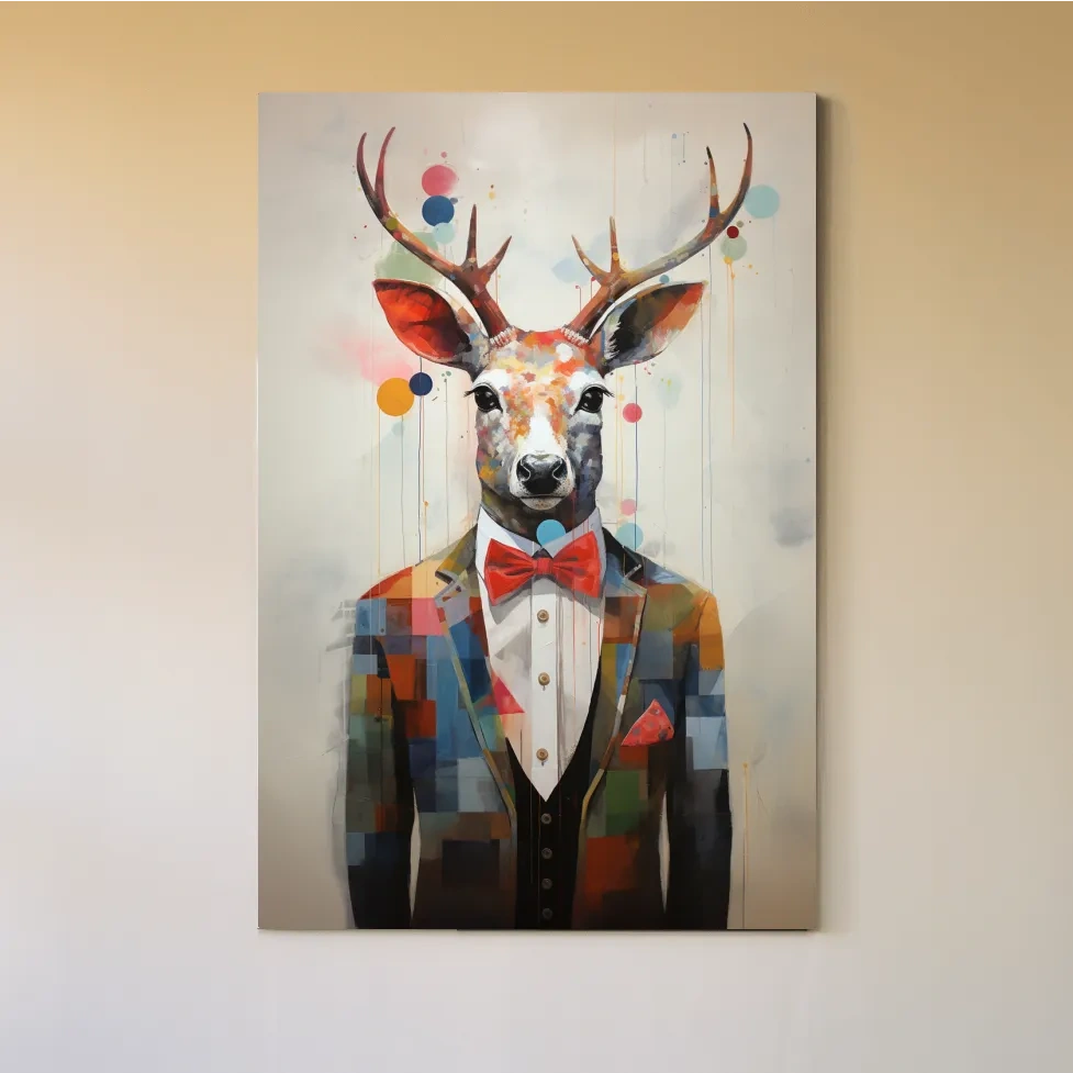 Dapper Watercolor Deer Tuxedo Portrait - Colorful Modern Wildlife Wall Art