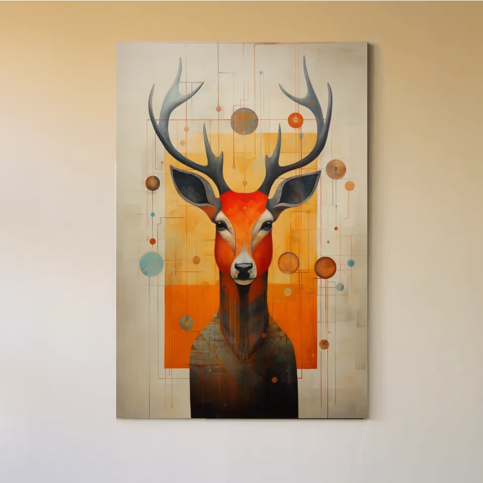 Rustic painting of a deers head with abstract shapes