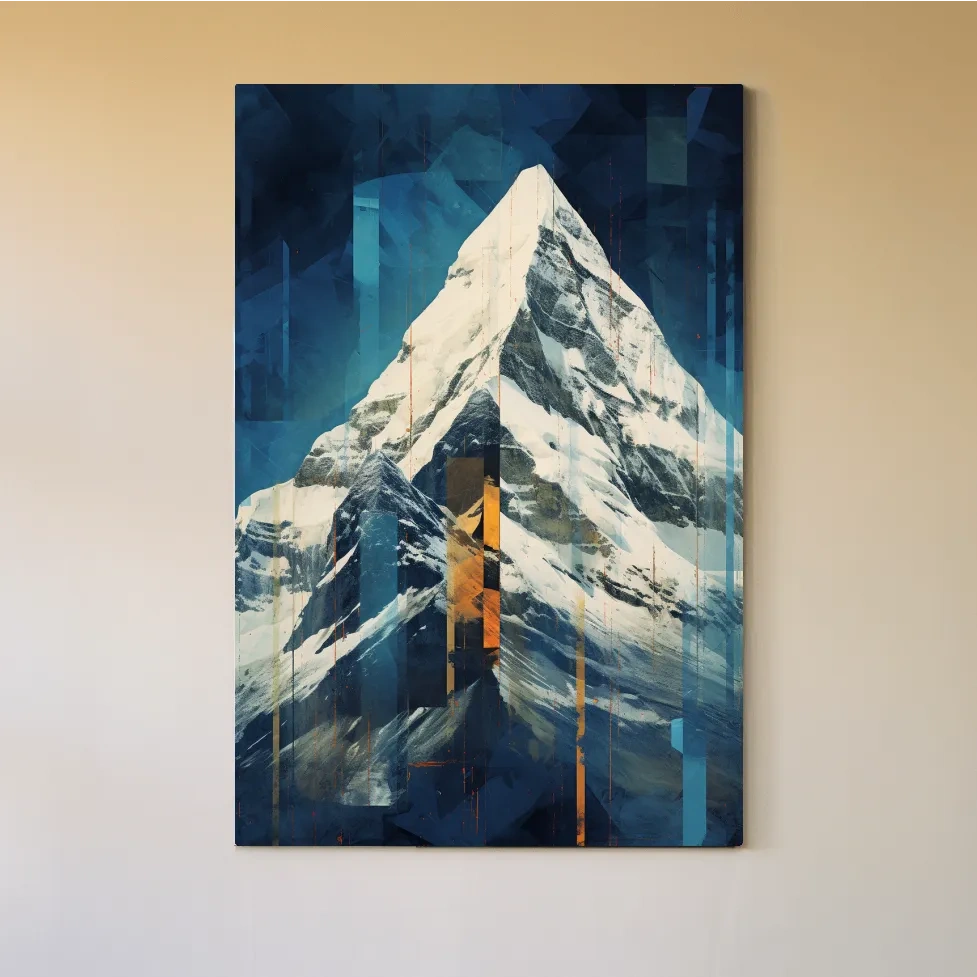 Glitch art style mountain art painting of a snowy glacier