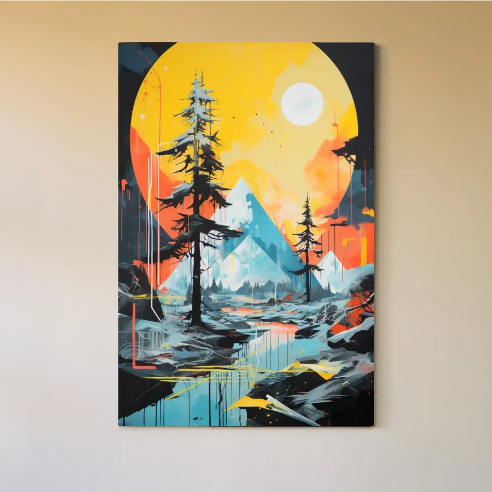 Abstract geometric painting of a glacier alpine landscape at sunset