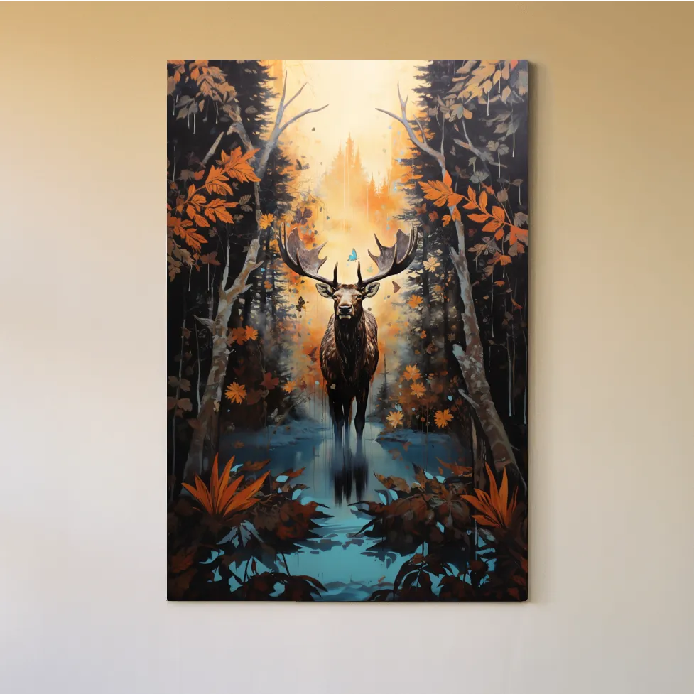 Painting of a moose in the woods in autumn