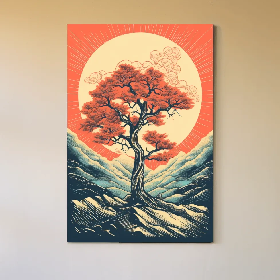 Dynamic vector illustration wall art poster of a tree at sunset