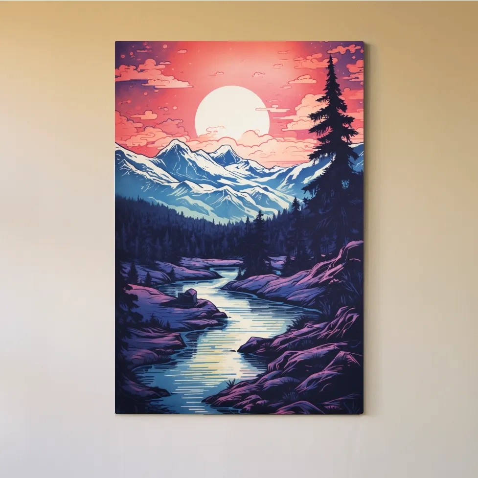 Surreal illustration of sunset over a glacier alpine scene