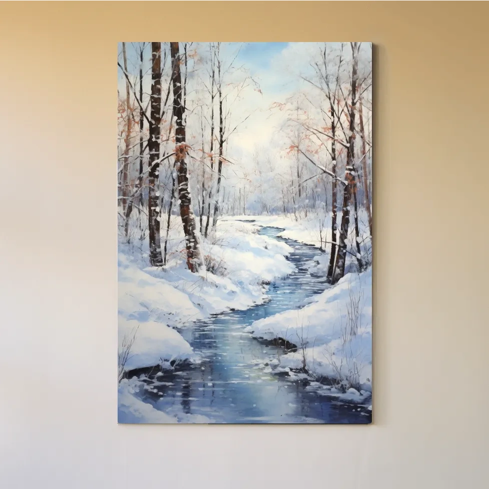Oil painting of a stream running through a winter scene