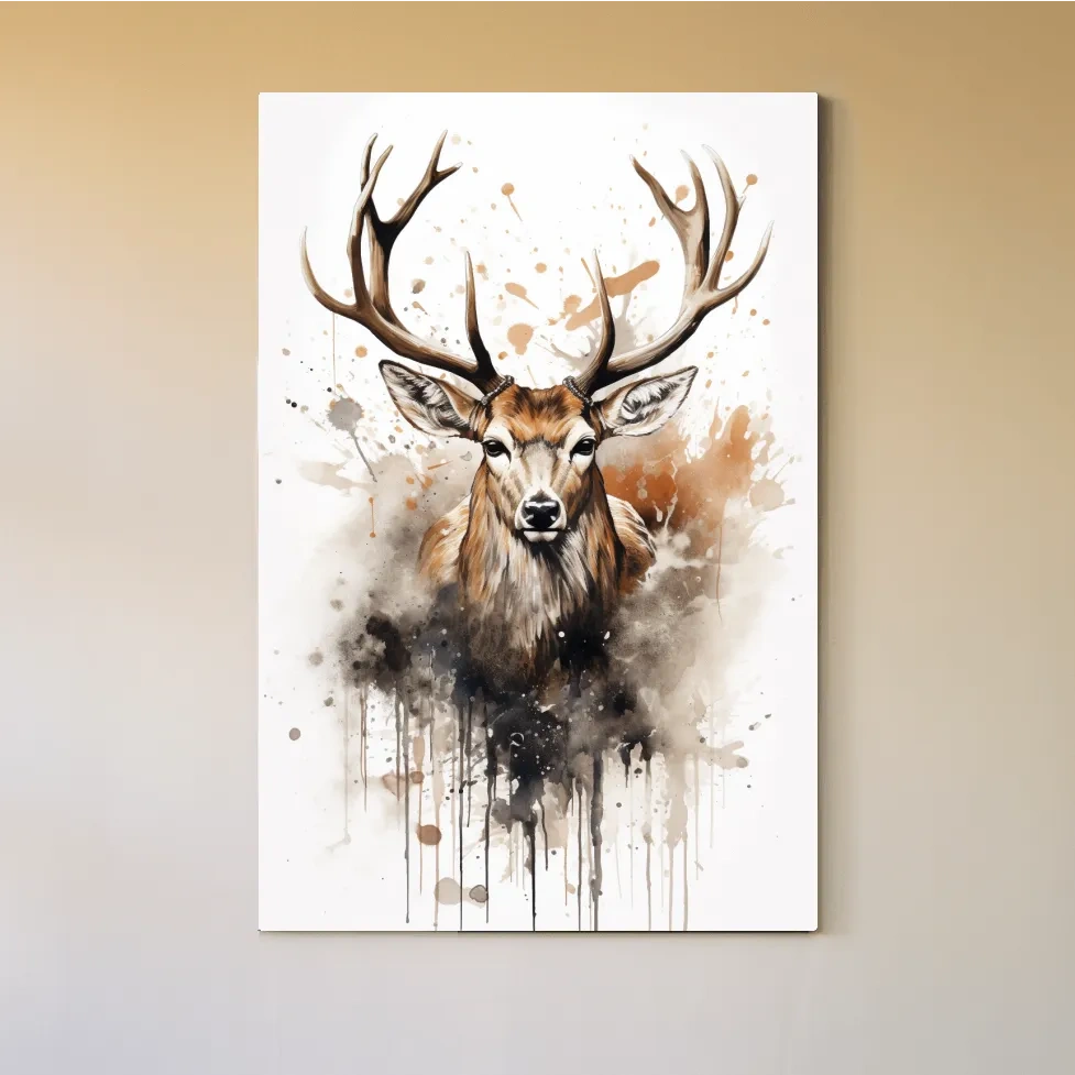 Splattered watercolour painting of a deers head