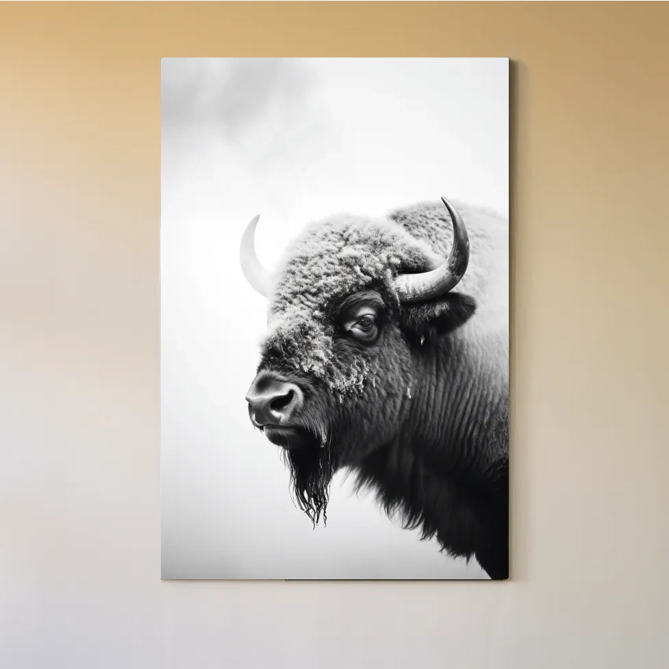Moody Black And White Bison Portrait - Minimalist Photographic Wildlife Wall Art