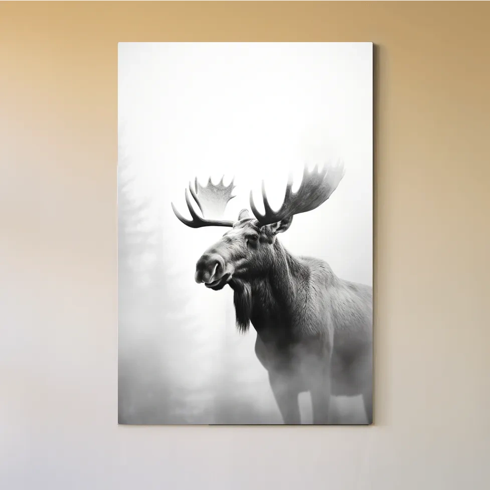 High contrast black and white photograph art of a large moose