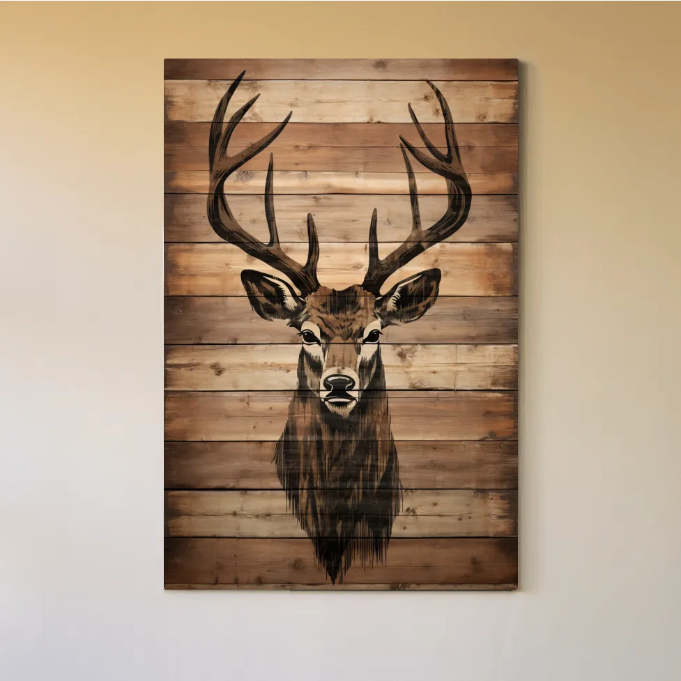 Wood burning art, deer head on wooden panels