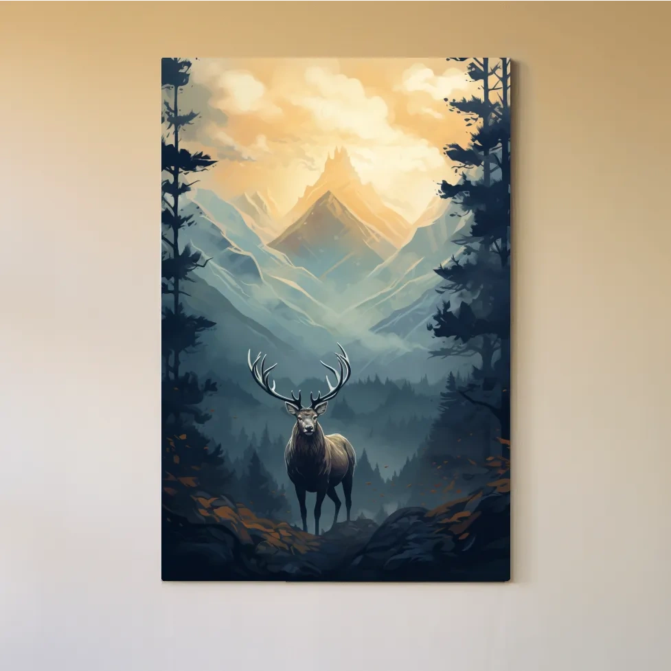 Serene illustration of a majestic deer in the forest at sunset