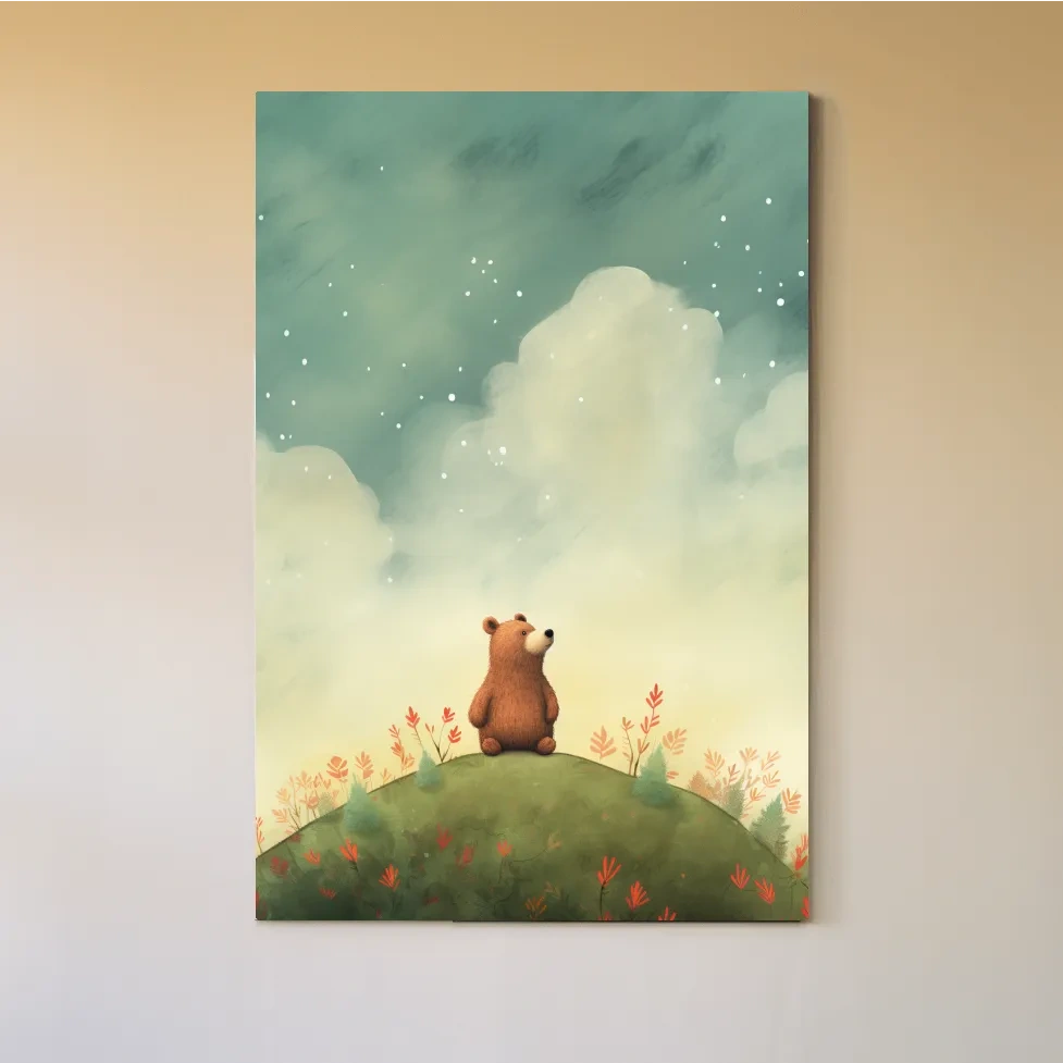 Whimsical Bear Cub Under Starry Sky - Nursery Watercolor Illustration Wall Art