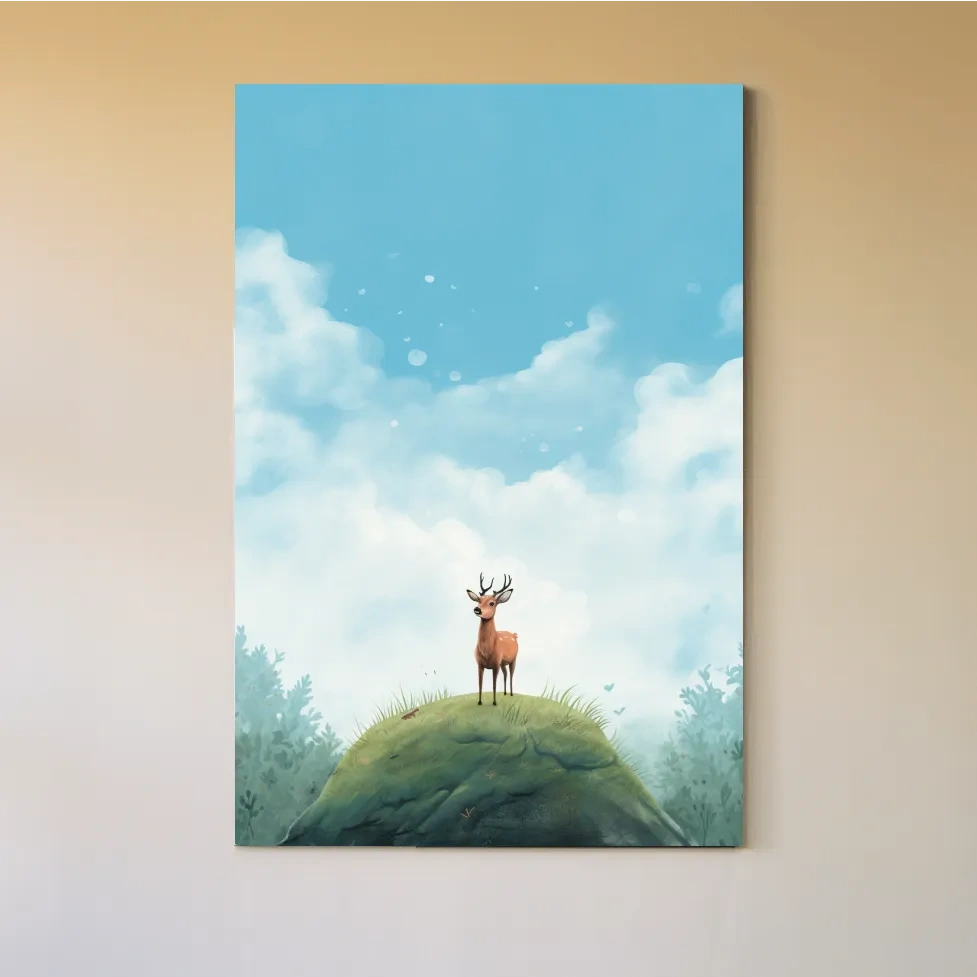 Whimsical Watercolor Deer on Grassy Hill - Serene Woodland Nursery Wall Art