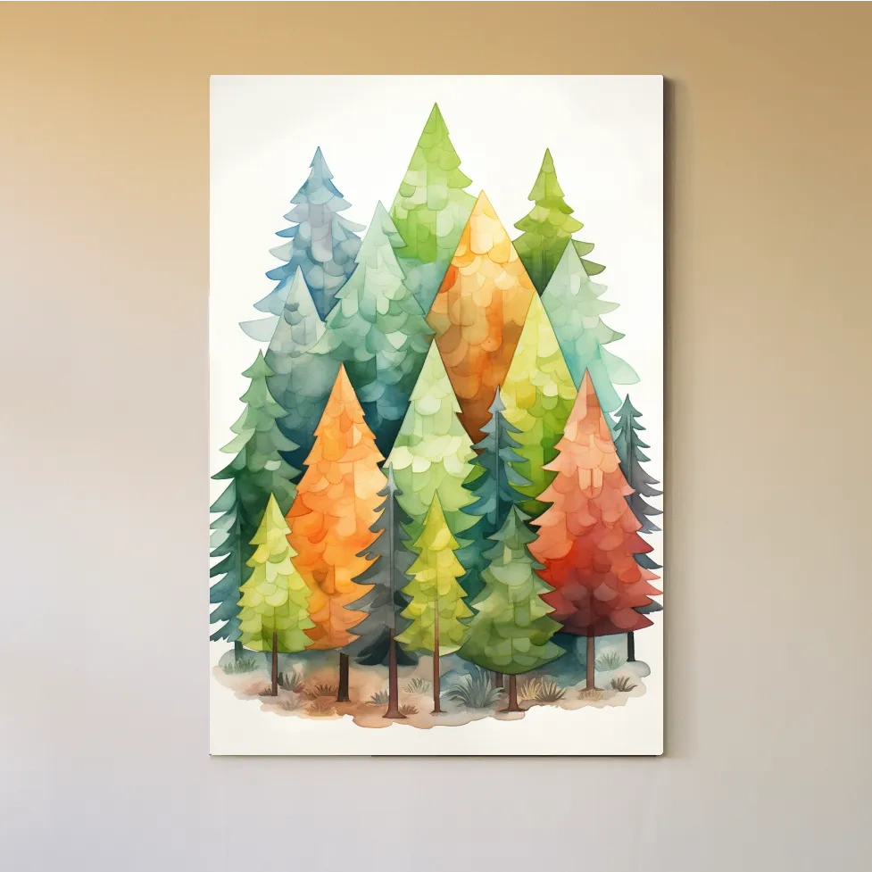 Whimsical Watercolor Pine Forest Illustration - Colorful Scandinavian Nature Wall Art