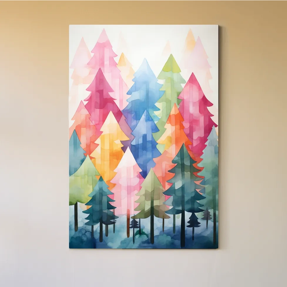 Colorful Watercolor Pine Forest Illustration - Whimsical Scandinavian Boho Wall Art