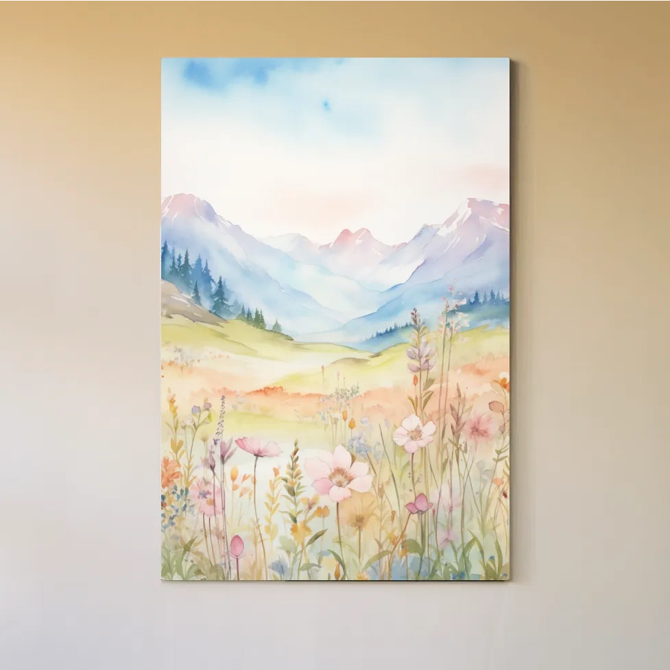 Watercolour painting of pastel flowers in the alpine meadows, floral artwork