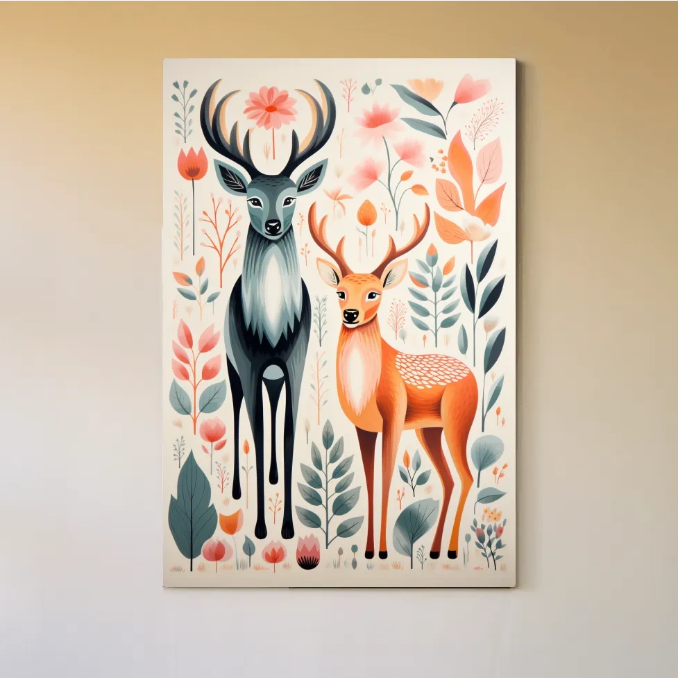 Flat colour vector print of deers and foliage, folk art style