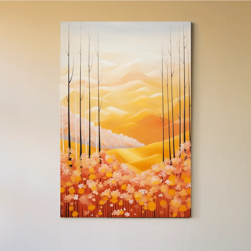 Storybook style illustration art of flowers, mountains and a forest in fall