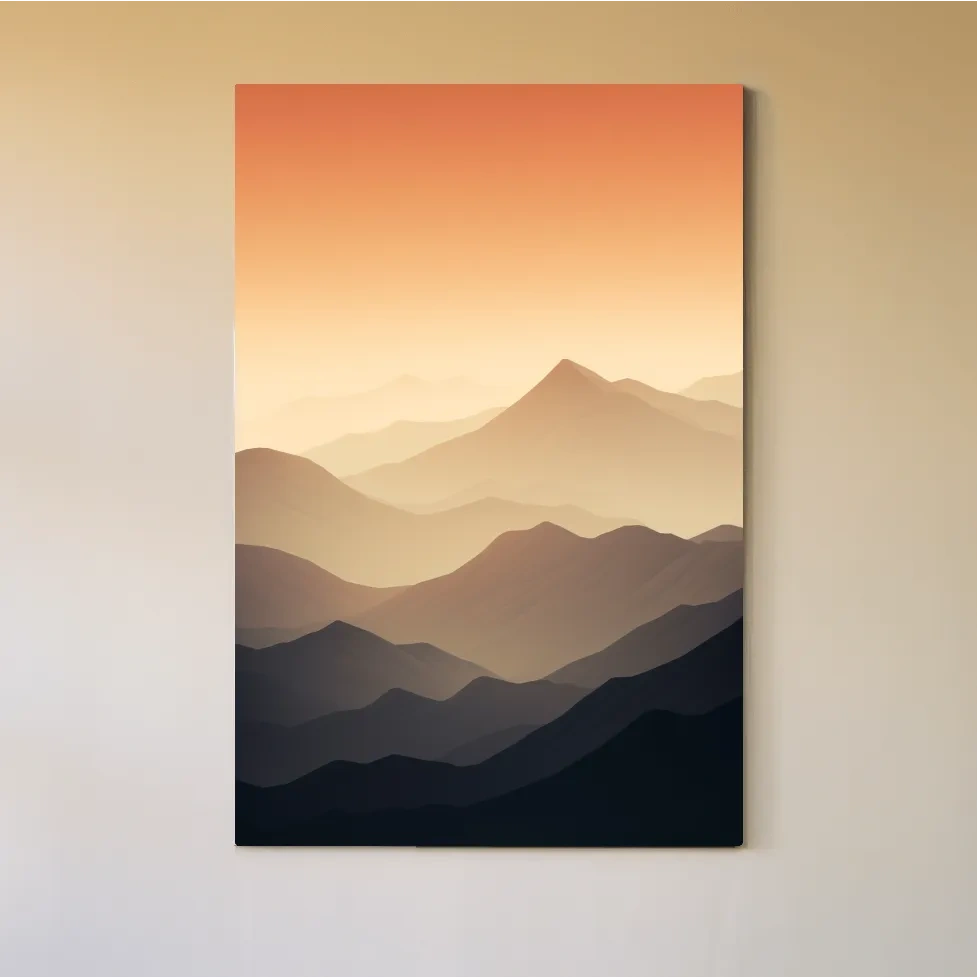 Subtle mountain sunset artwork, ridgelines fading into the sky
