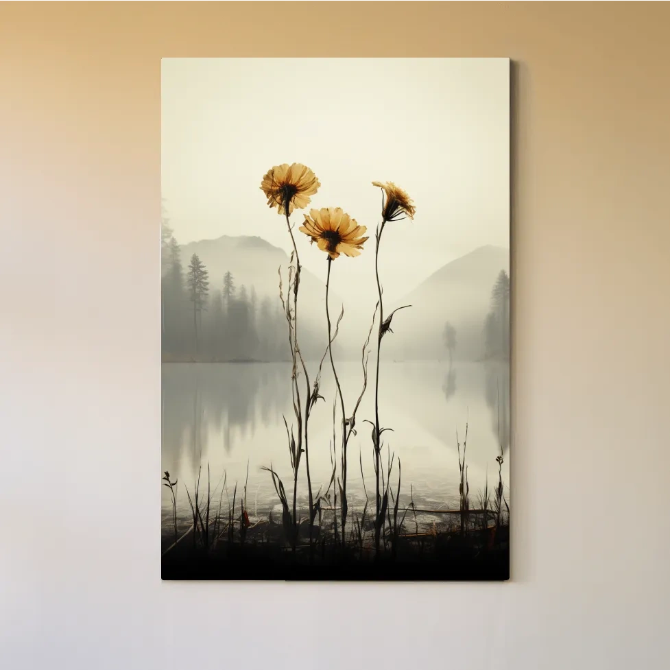 Photographic illustration, flowers on the misty lake shore