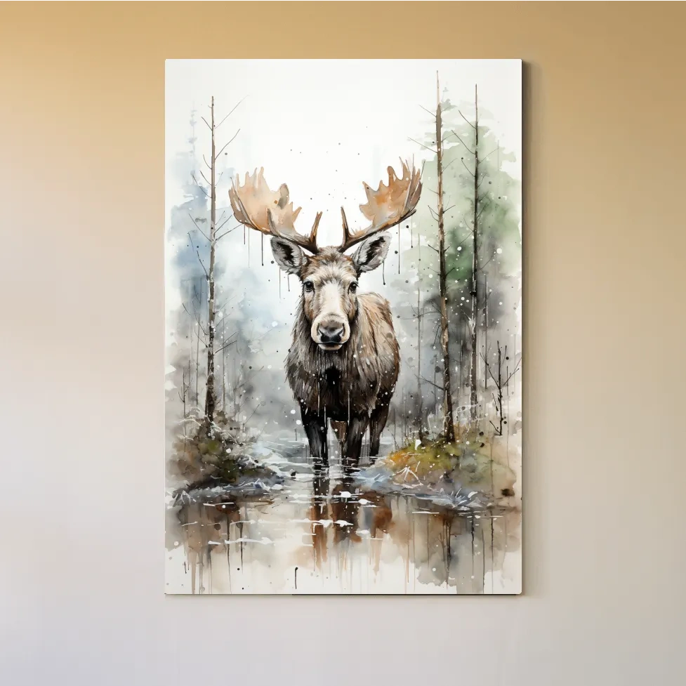 Watercolor Moose In Misty Forest - Rustic Woodland Wildlife Painting Wall Art