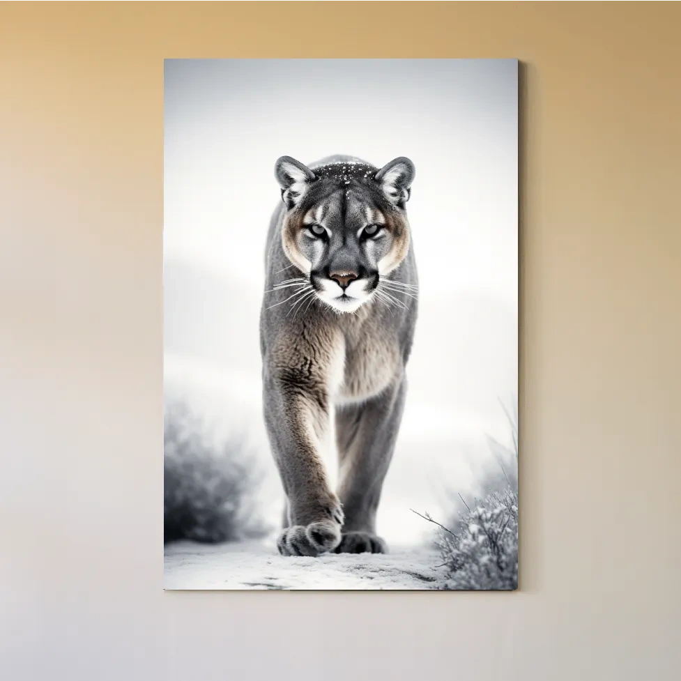 Photograph of a mountain lion walking in snow