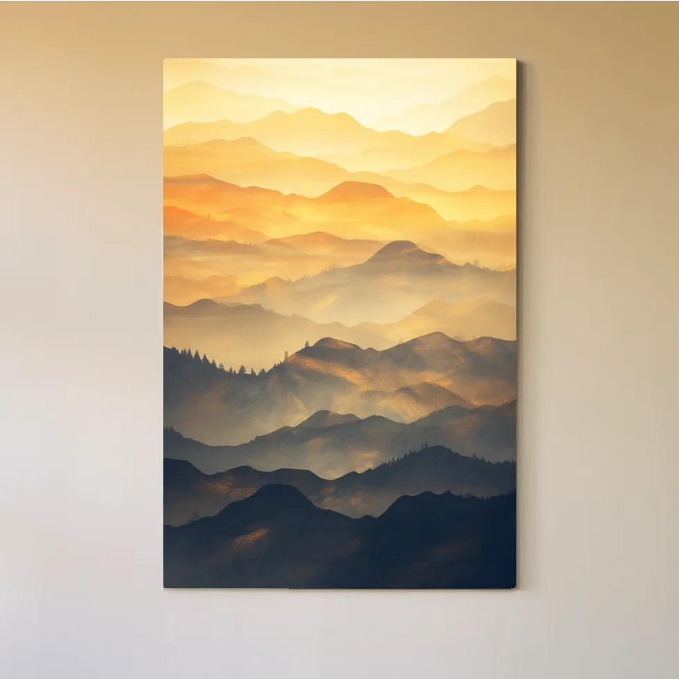 Golden Misty Mountain Ranges Landscape - Serene Layered Sunrise Artwork