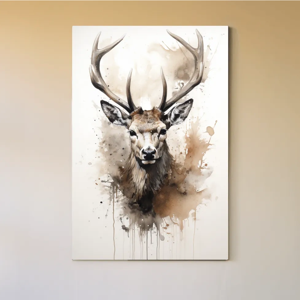 Splattered watercolour painting of a deers head