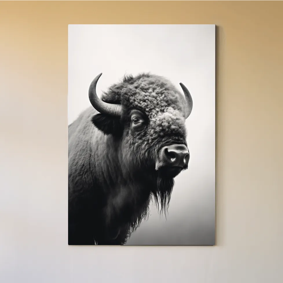 Photographic art, black and white photo of a bison on a crisp winter morning