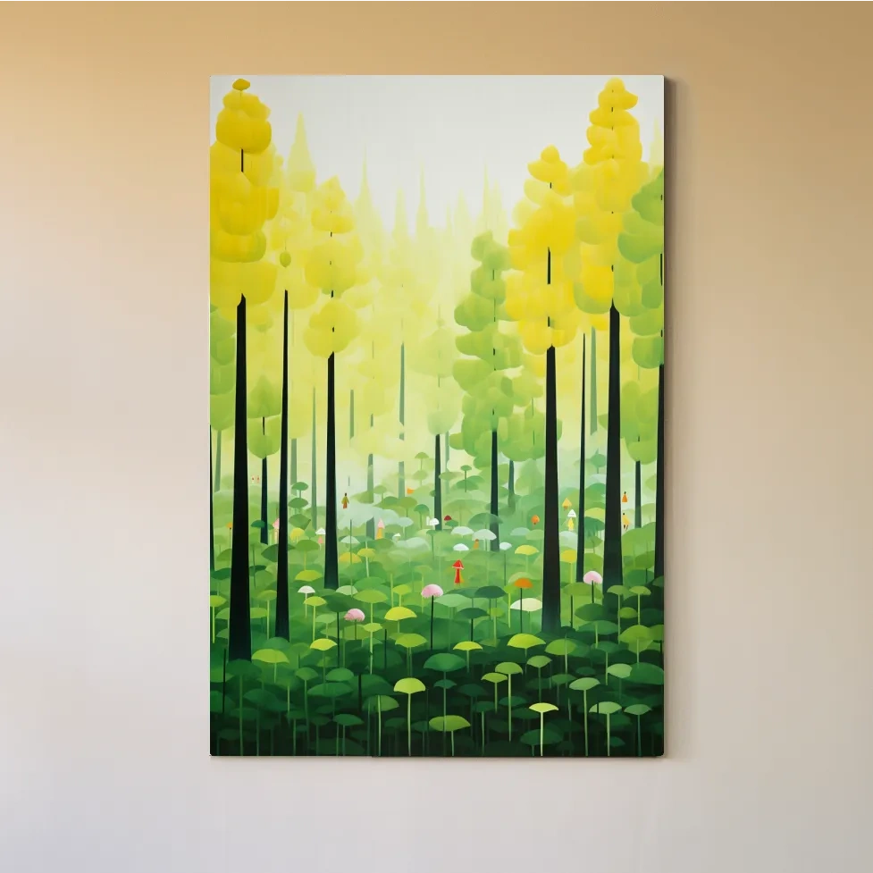 Happy storybook illustration of a surreal forest