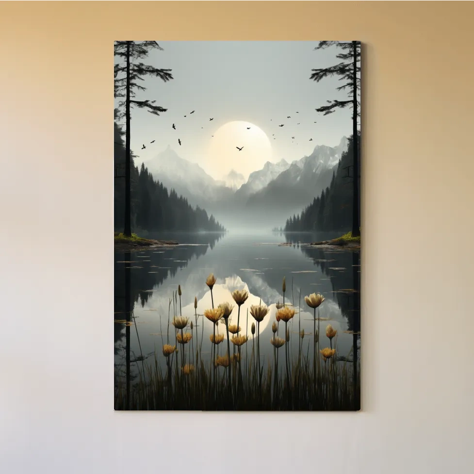 Flowers on the misty alpine lake shore, photographic illustration