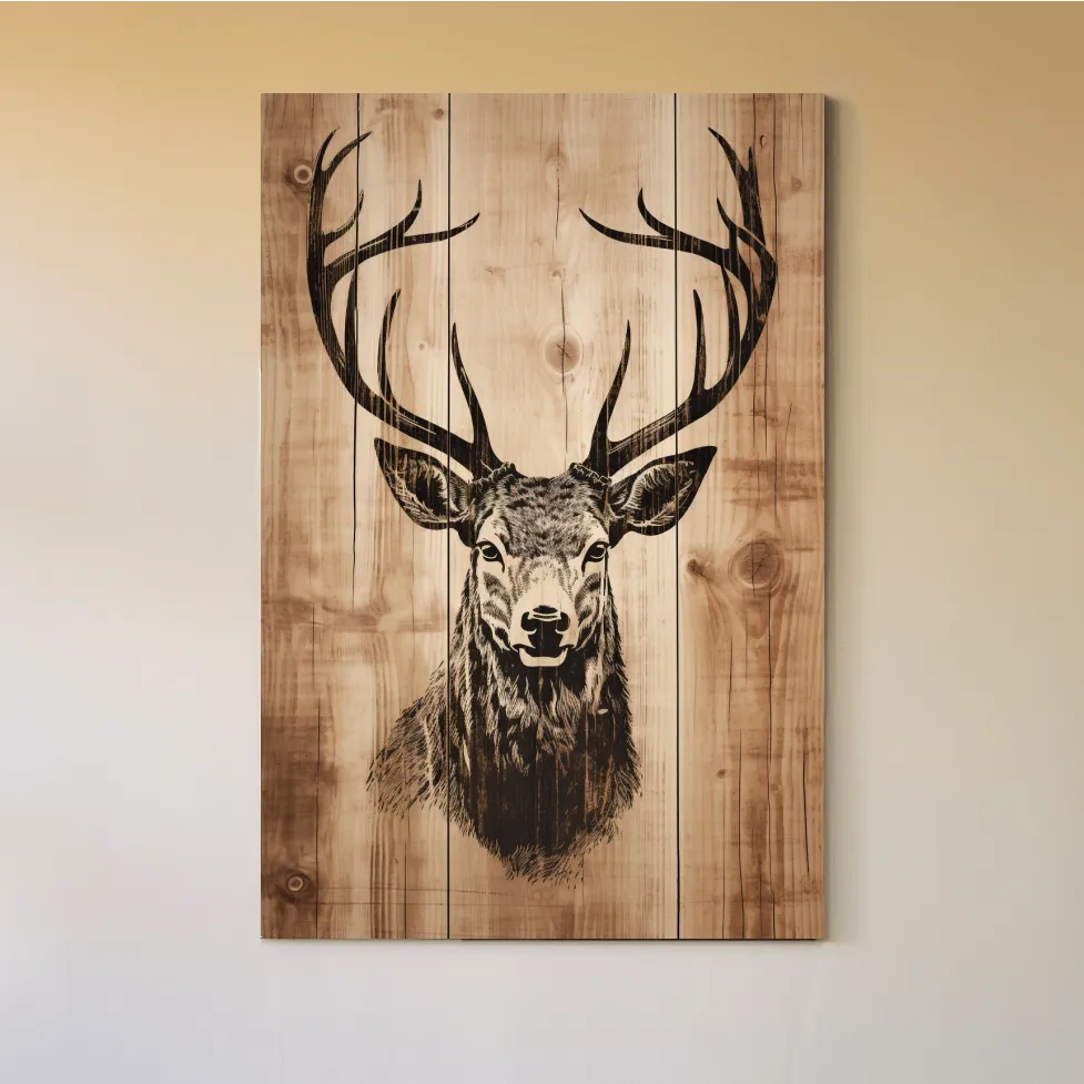 Rustic Deer Head Woodburn Style Portrait - Lodge Cabin Wildlife Wall Art