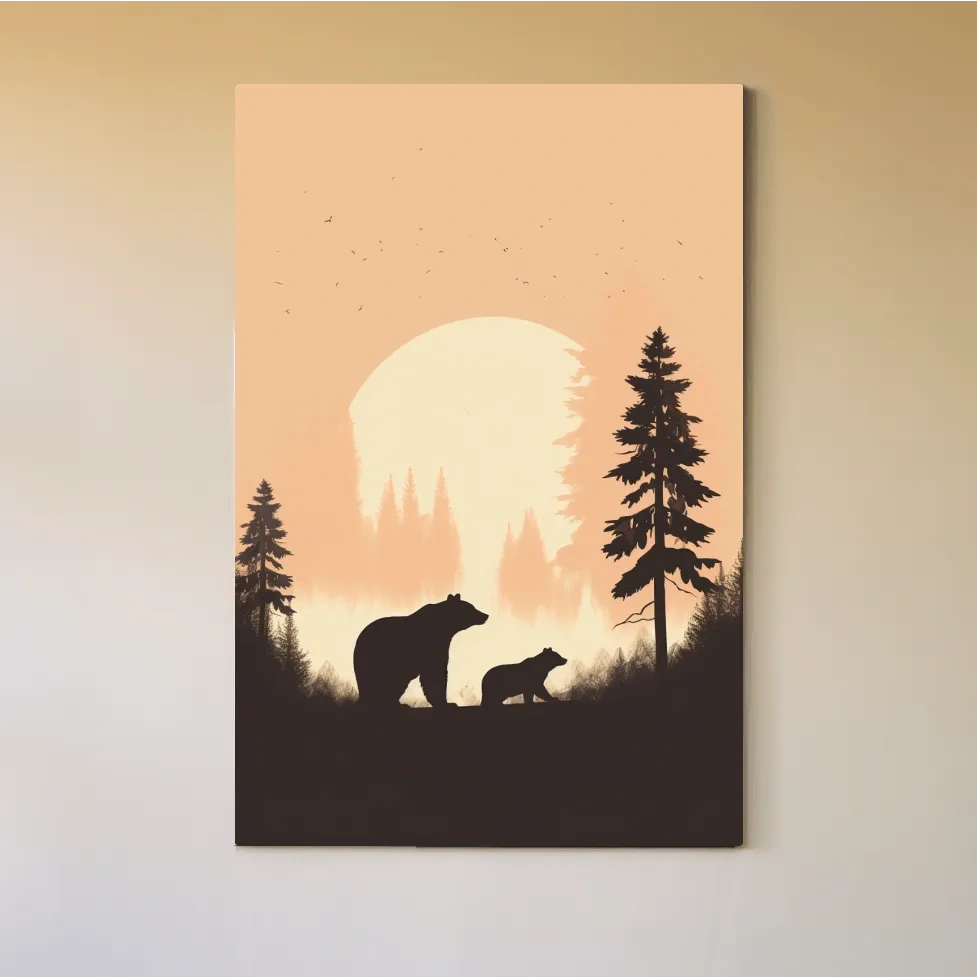 Momma Bear & Cub Silhouettes At Sunset - Minimalist Forest Wildlife Wall Art