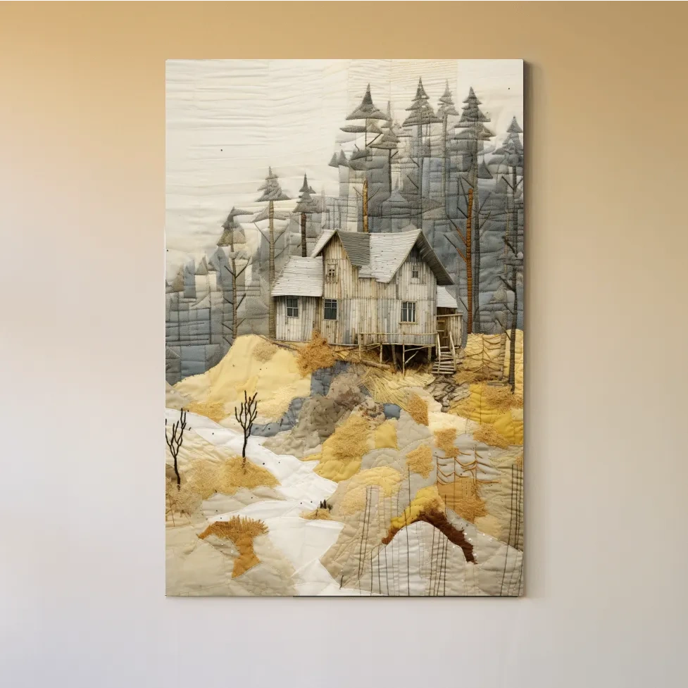 Cabin in the forest, fabric patchwork style art print