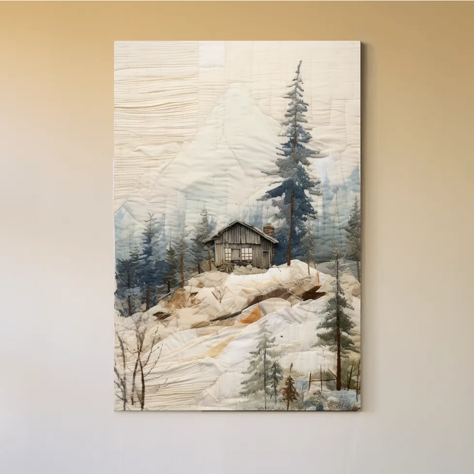 Cabin in the alpine forest, patchwork fabric style mountain wall art