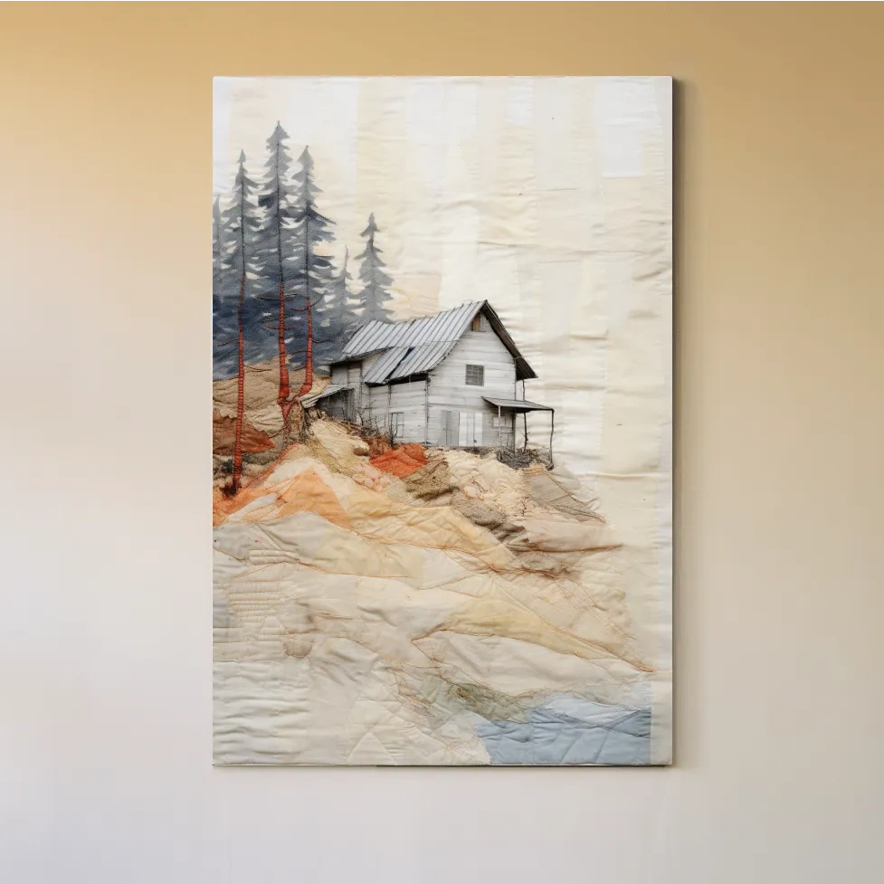 Rustic cabin artwork, fabric patchwork style