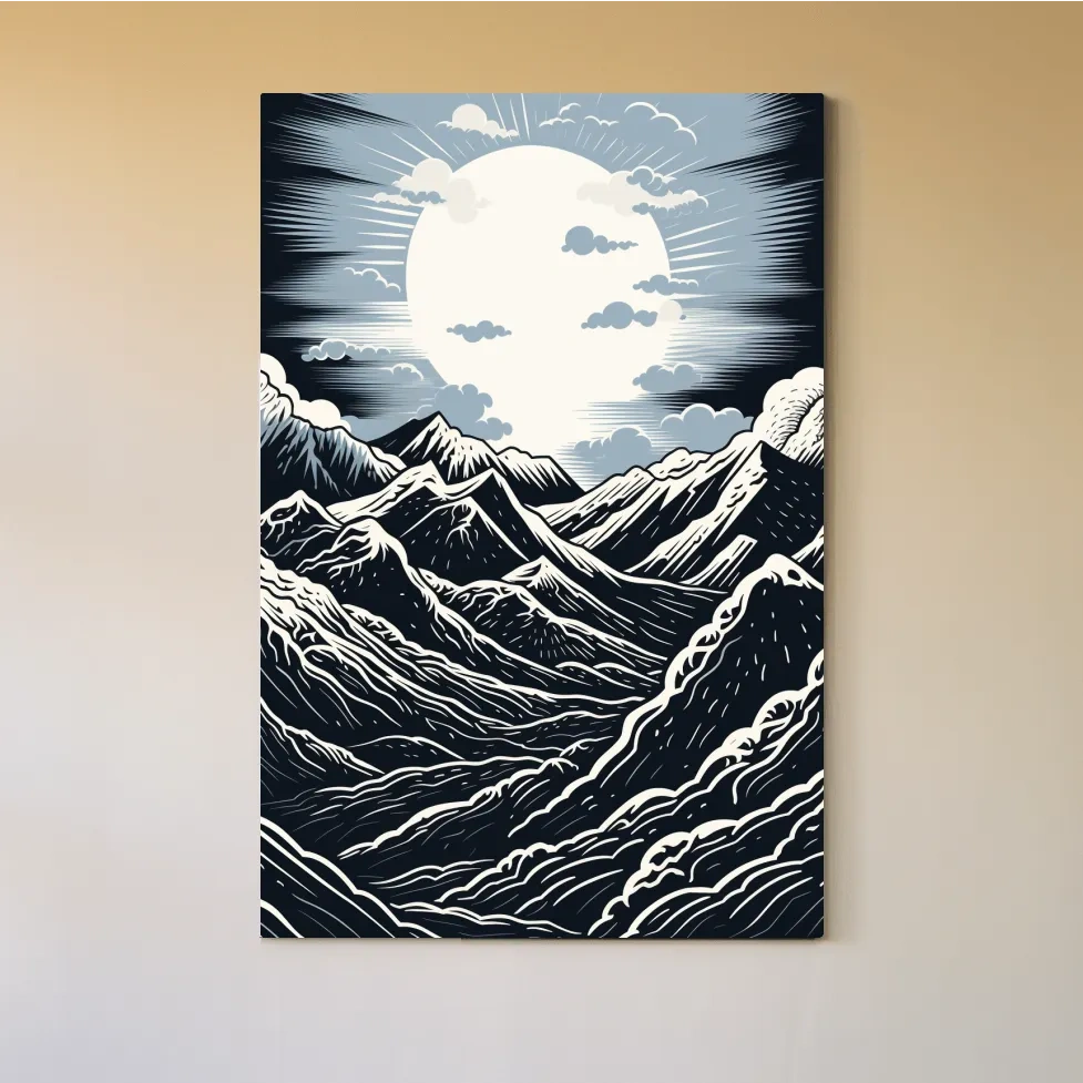 Linocut style mountain art illustration
