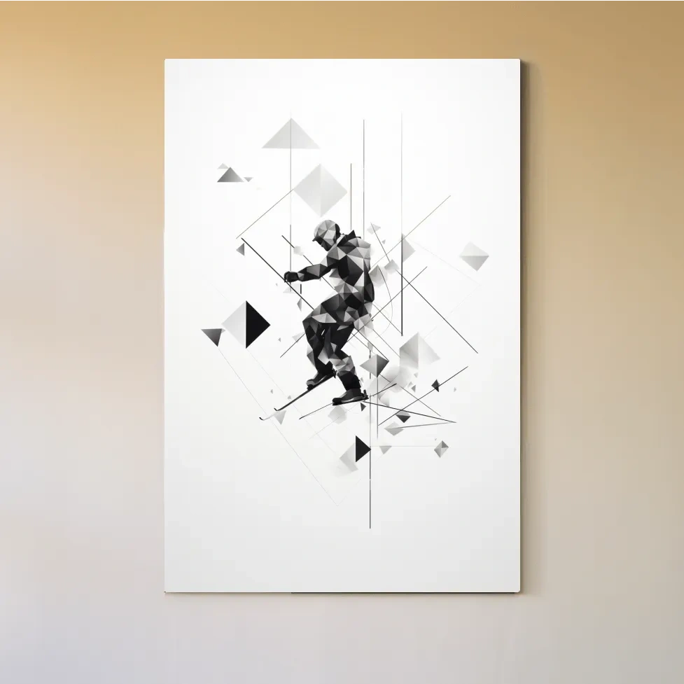 Monochrome Geometric Skier Silhouette - Abstract Winter Sports Wall Art
