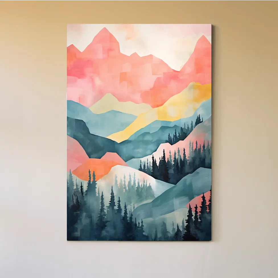 Abstract colorful painting of alpine mountains and trees