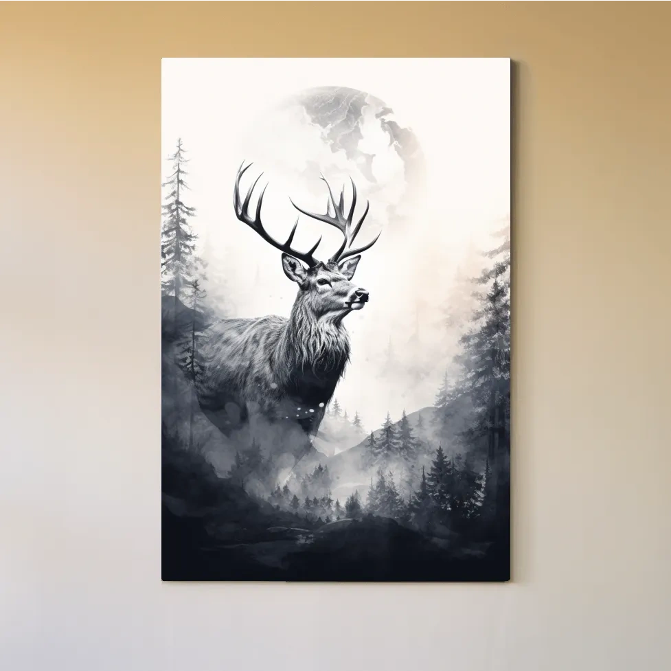 Majestic Stag In Misty Moonlit Forest - Double Exposure Wildlife Wall Art