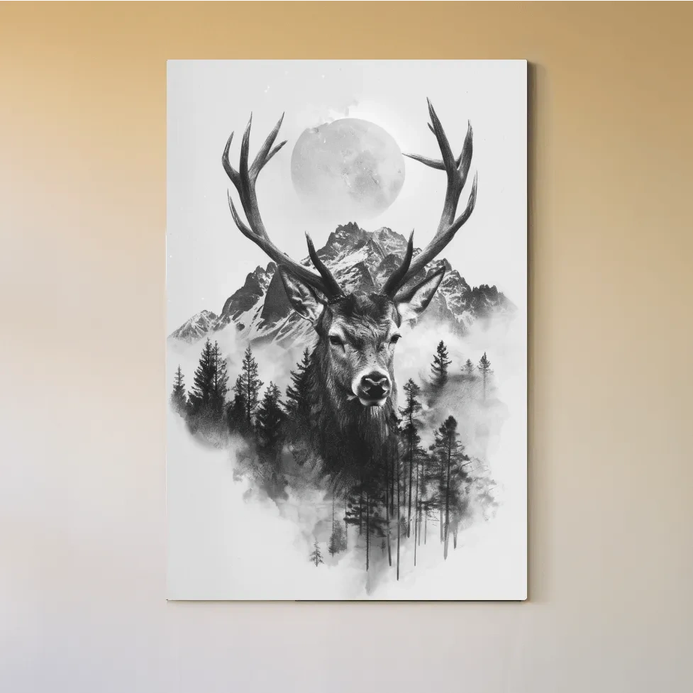 Double exposure style drawing artwork of a deer, forest, glacier and moon