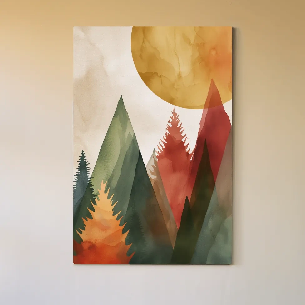 Rustic Watercolor Mountain Forest Sunrise - Modern Minimalist Wall Art