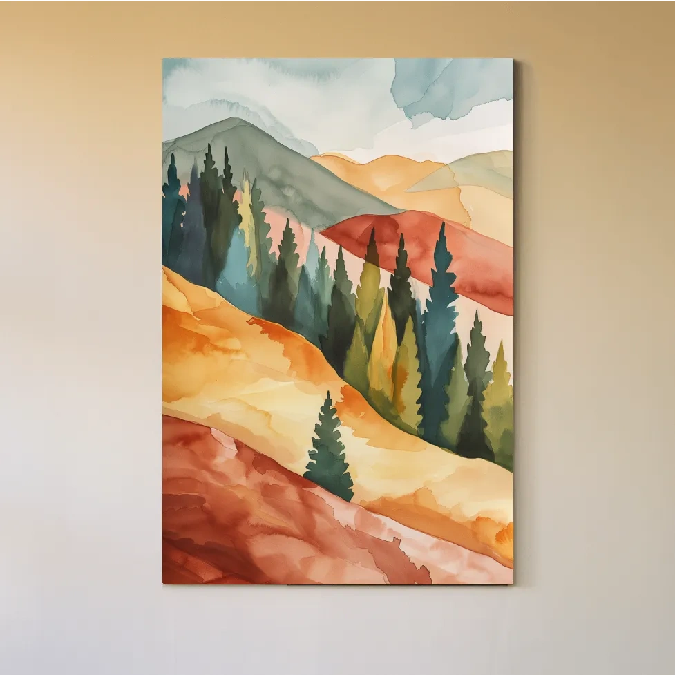 Rustic Autumn Watercolor Mountains & Pine Forest - Serene Abstract Landscape Wall Art