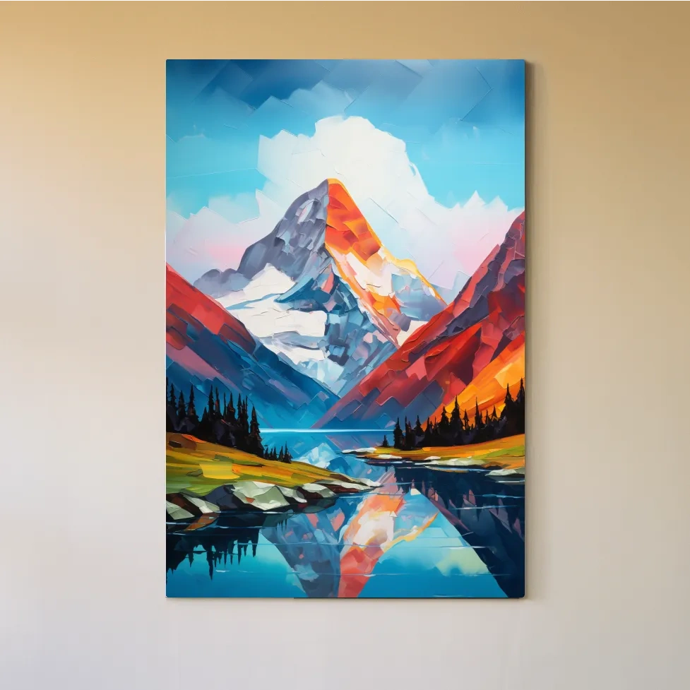 Alpine lake under a glacier, vibrant palette knife style impasto painting