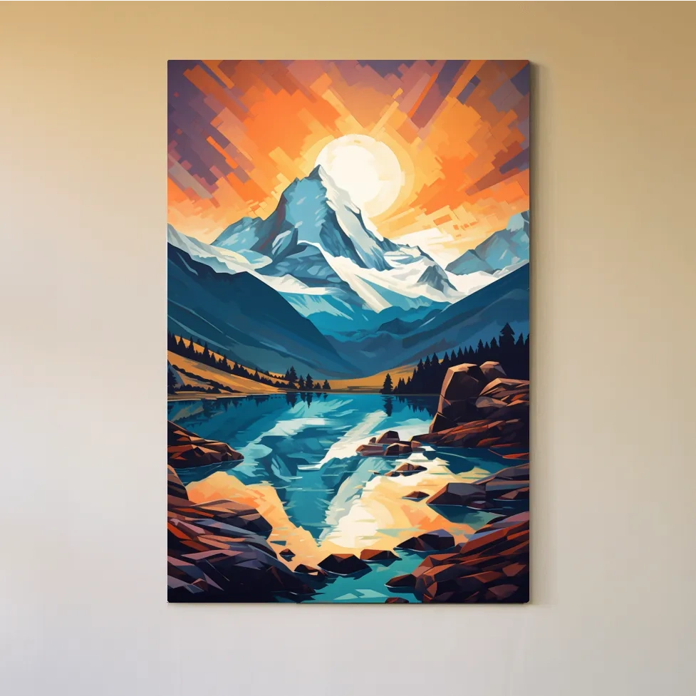 Sunset over the alpine glaciers, vector mountain art