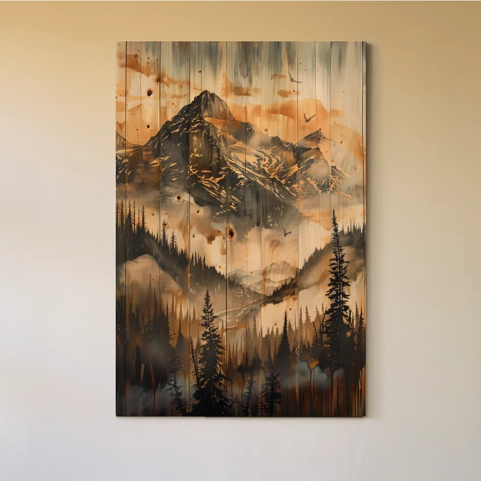 Rustic Woodgrain Mountain Landscape Painting - Sepia Misty Pine Forest Wall Art