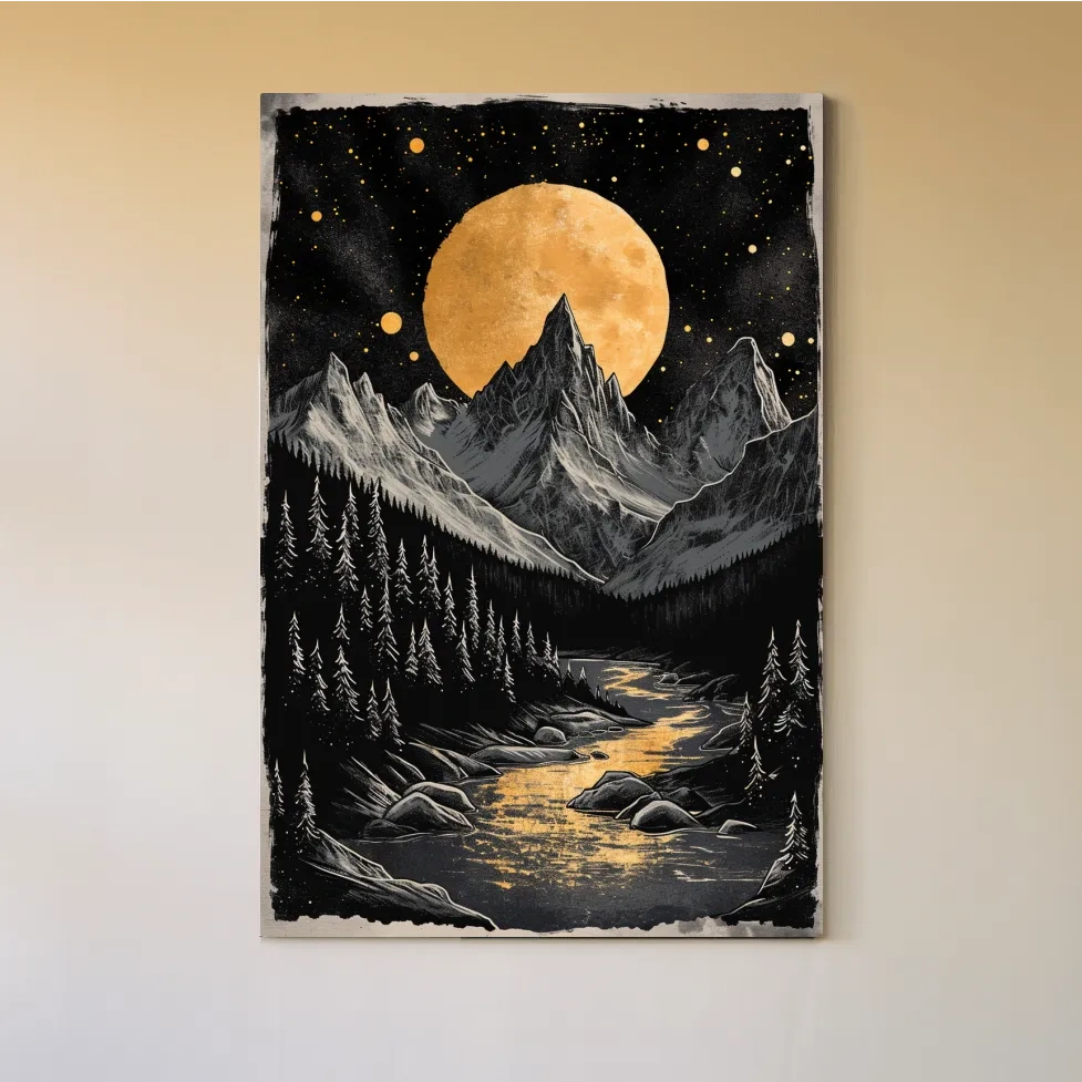 Moonlit alpine scene, dramatic glacier and moon artwork