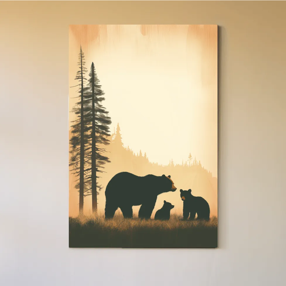 Bear Family Forest Silhouette Illustration - Minimalist Wildlife Artwork