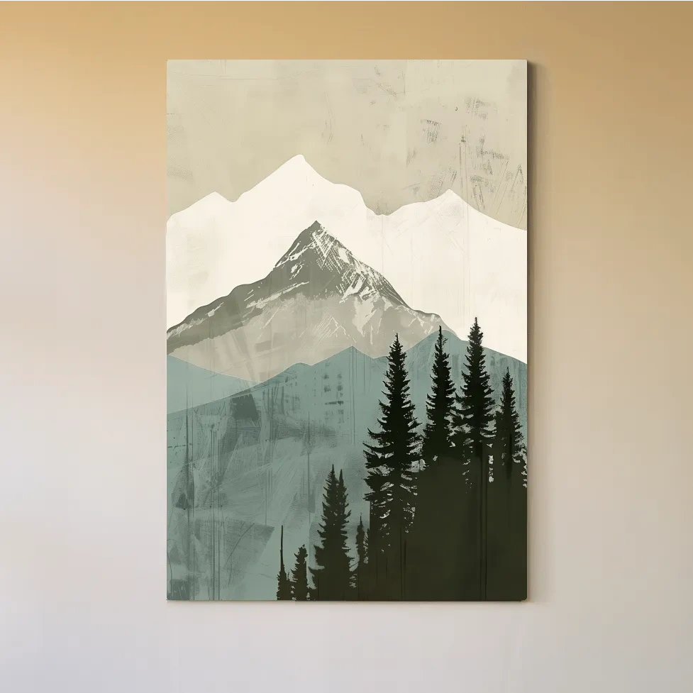 Scandinavian Mountain Peak And Pine Forest Artwork - Minimalist Landscape Wall Art