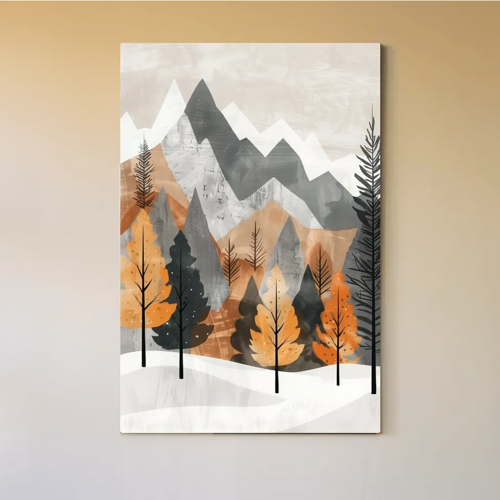 Scandinavian style forest artwork, alpine mountains in fall